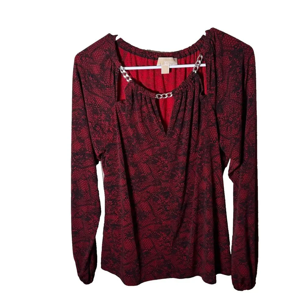 Michael Kors Blouse Women's Medium Chain Red Keyhole Long Sleeve Career Top